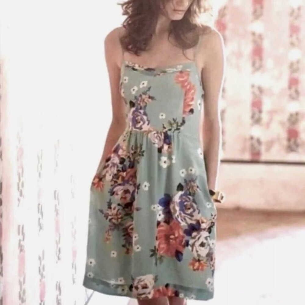 FLAWED Anthropologie X Moulinette Soeurs | Silk Green Floral Mini Dress | Size 2
